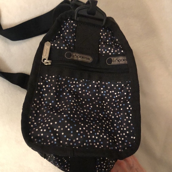 LeSportsac polka dot black zipper cross body bag w lt blue, white, and tan dots - Picture 5 of 14